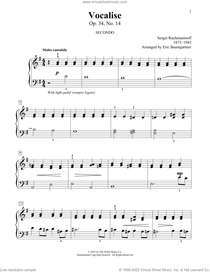 Vocalise, Op. 34, No. 14 (arr. Eric Baumgartner) sheet music for piano four hands by Serjeij Rachmaninoff and Eric Baumgartner, classical score, intermediate skill level