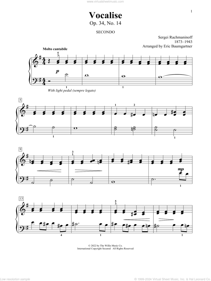 Vocalise, Op. 34, No. 14 (arr. Eric Baumgartner) sheet music for piano four hands by Serjeij Rachmaninoff and Eric Baumgartner, classical score, intermediate skill level