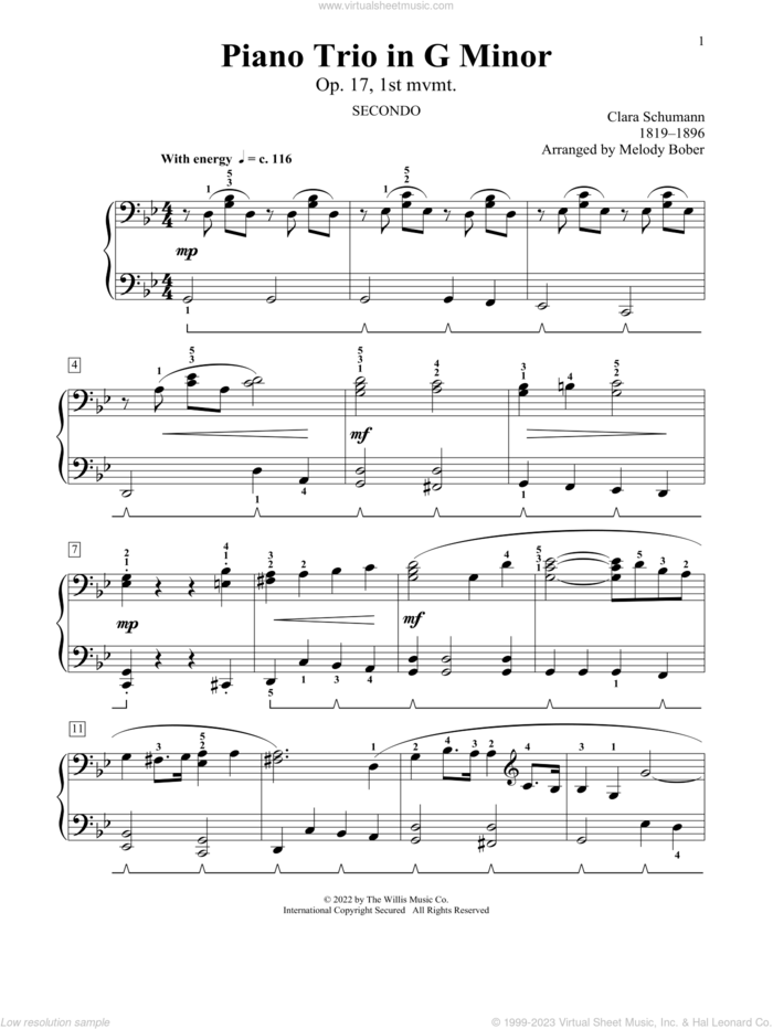 Piano Trio In G Minor, Op. 17, 1st Mvmt (arr. Melody Bober) sheet music for piano four hands by Clara Schumann and Melody Bober, classical score, intermediate skill level