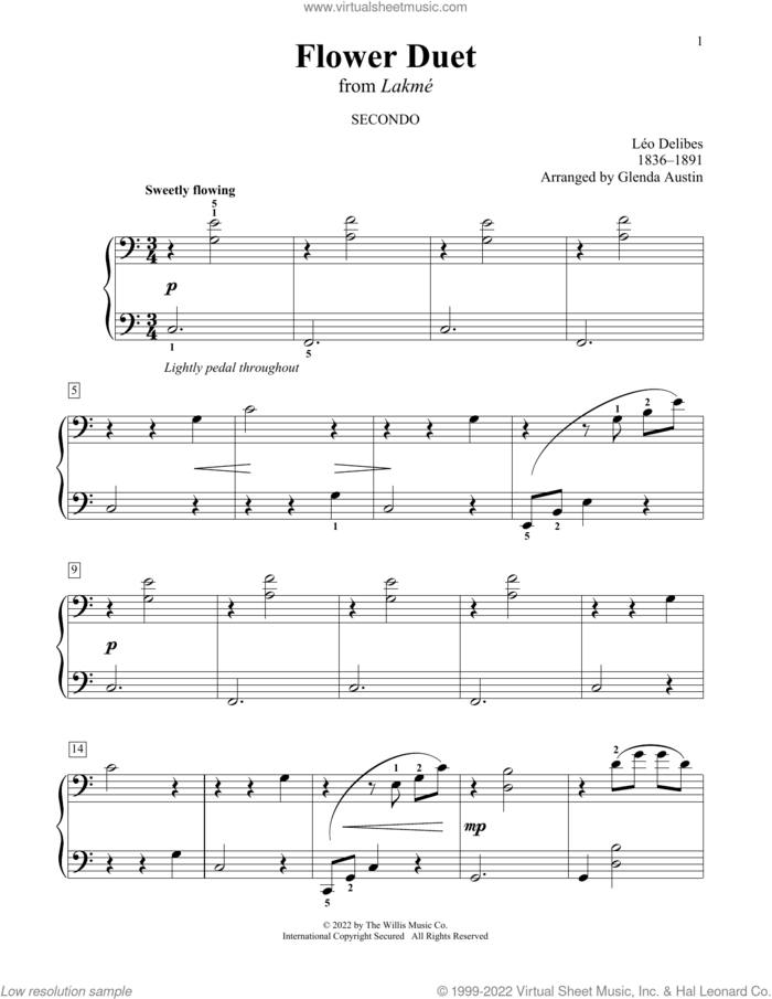Flower Duet (from Lakme) (arr. Glenda Austin) sheet music for piano four hands by Leo Delibes and Glenda Austin, classical score, intermediate skill level