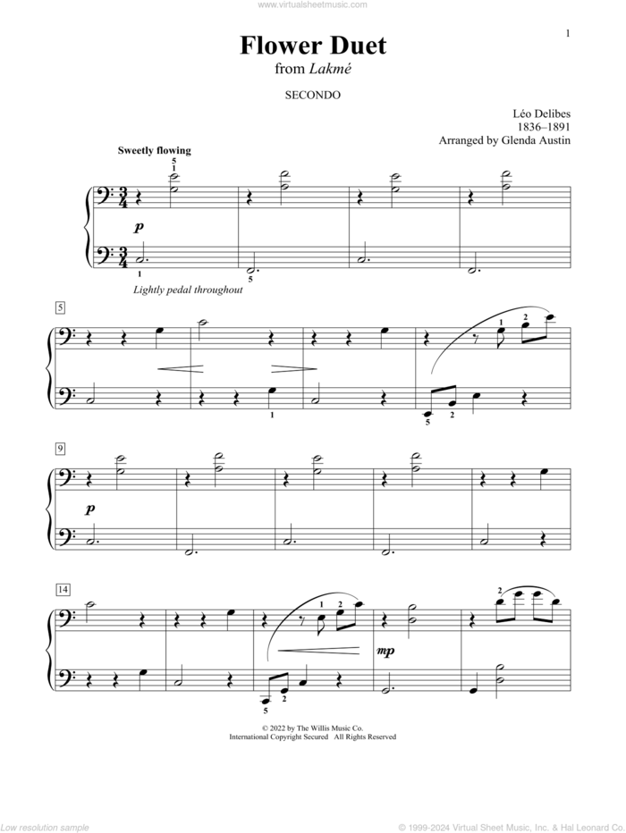 Flower Duet (from Lakme) (arr. Glenda Austin) sheet music for piano four hands by Leo Delibes and Glenda Austin, classical score, intermediate skill level