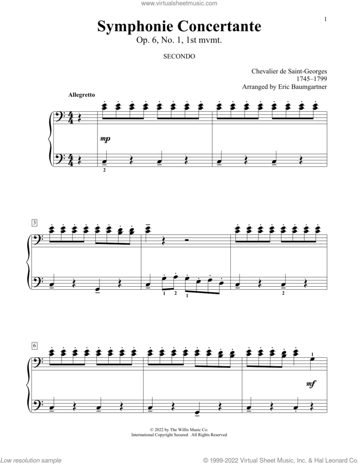 Symphonie Concertante, Op. 6, No. 1, 1st Mvmt (arr. Eric Baumgartner) sheet music for piano four hands by Chevalier de Saint-Georges and Eric Baumgartner, classical score, intermediate skill level