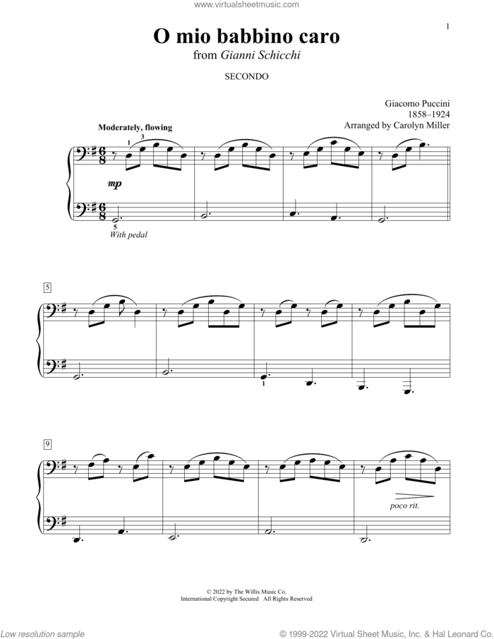 O mio babbino caro (from Gianni Schicchi) (arr. Carolyn Miller) sheet music for piano four hands by Giacomo Puccini and Carolyn Miller, classical score, intermediate skill level
