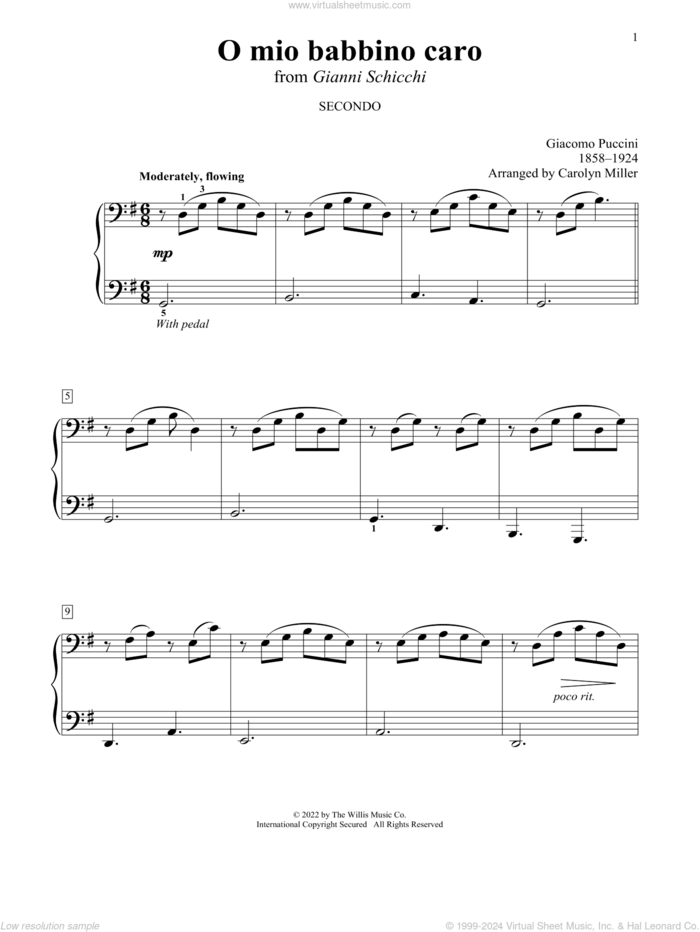 O mio babbino caro (from Gianni Schicchi) (arr. Carolyn Miller) sheet music for piano four hands by Giacomo Puccini and Carolyn Miller, classical score, intermediate skill level