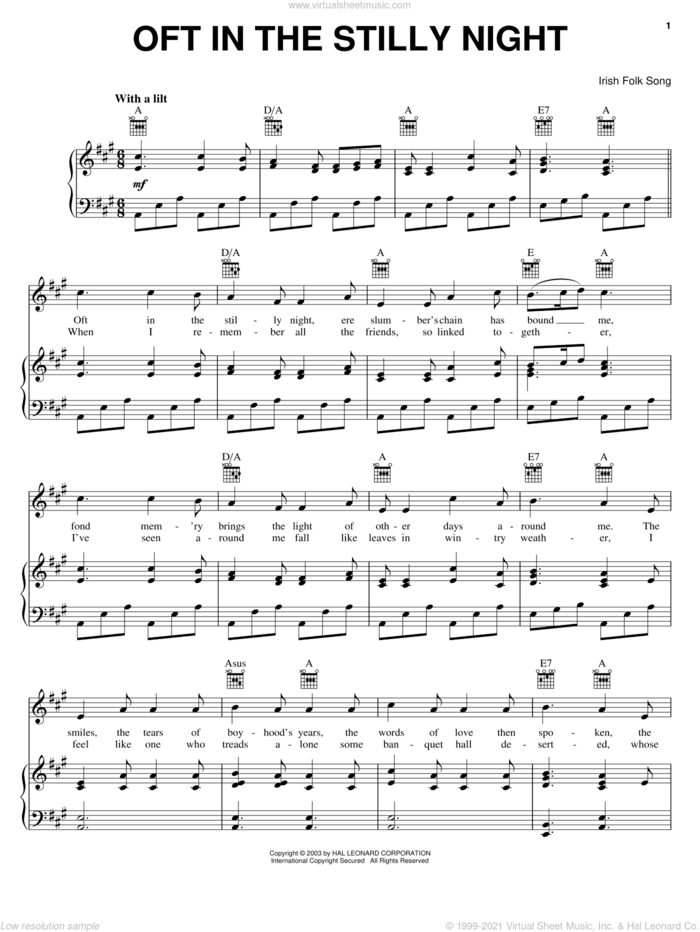 Oft In The Stilly Night sheet music for voice, piano or guitar, intermediate skill level