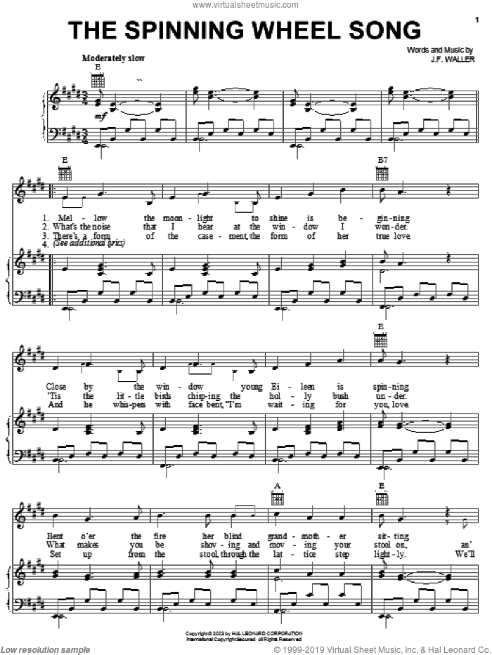 The Spinning Wheel Song sheet music for voice, piano or guitar by John Francis Waller, intermediate skill level