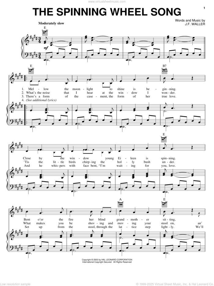 The Spinning Wheel Song sheet music for voice, piano or guitar by John Francis Waller, intermediate skill level