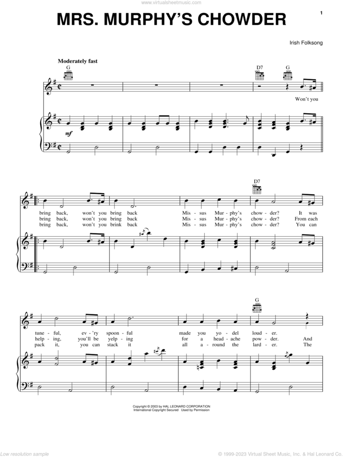 Mrs. Murphy's Chowder sheet music for voice, piano or guitar, intermediate skill level