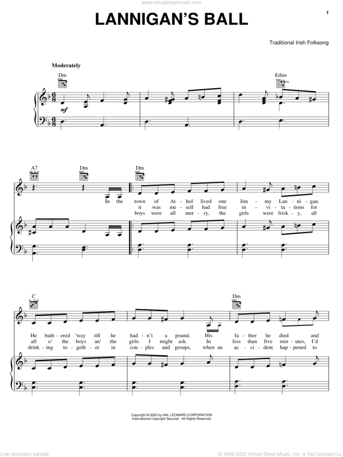 Lannigan's Ball sheet music for voice, piano or guitar, intermediate skill level