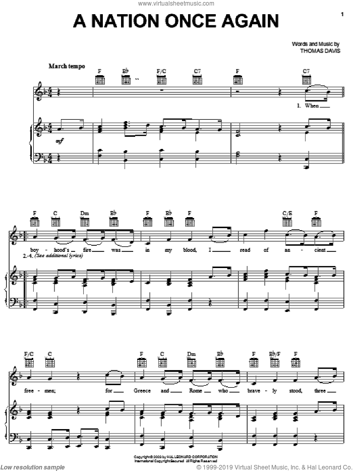 A Nation Once Again sheet music for voice, piano or guitar by Thomas Davis, intermediate skill level
