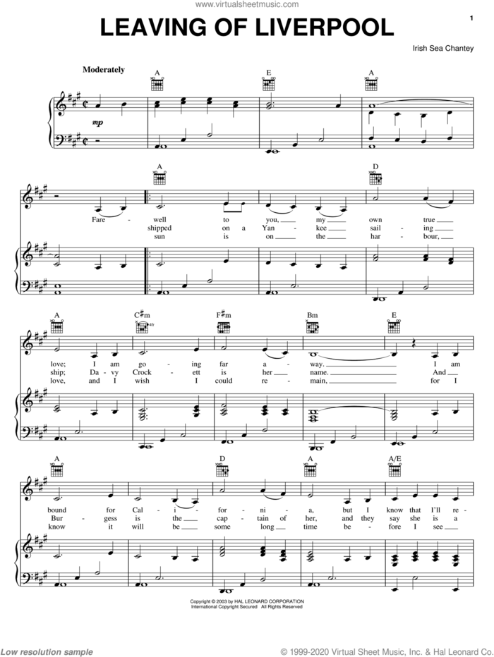 Leaving Of Liverpool sheet music for voice, piano or guitar by Irish Sea Chanty and Miscellaneous, intermediate skill level