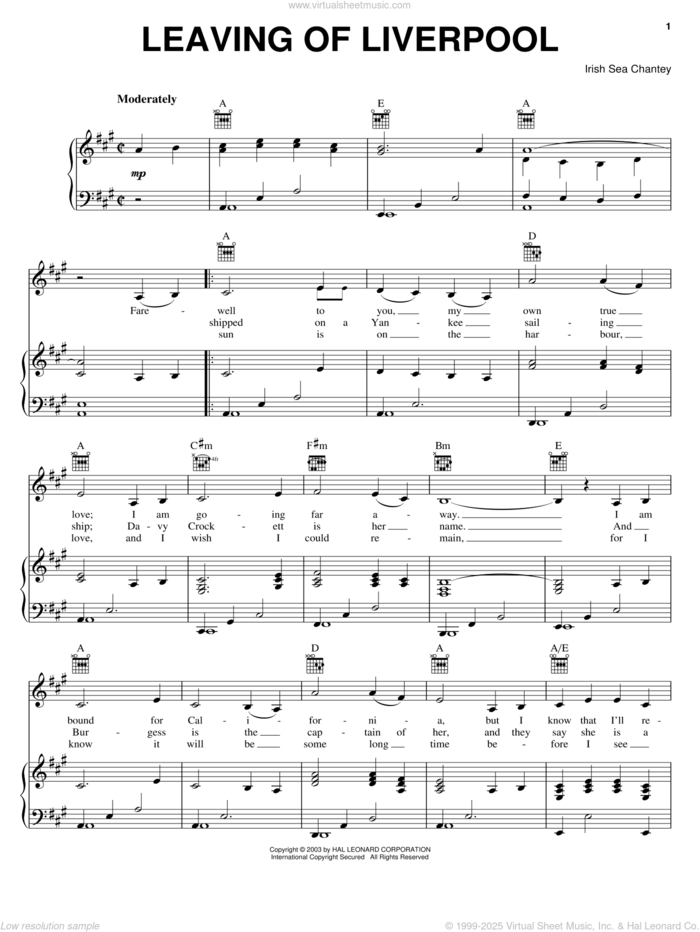 Leaving Of Liverpool sheet music for voice, piano or guitar by Irish Sea Chanty and Miscellaneous, intermediate skill level