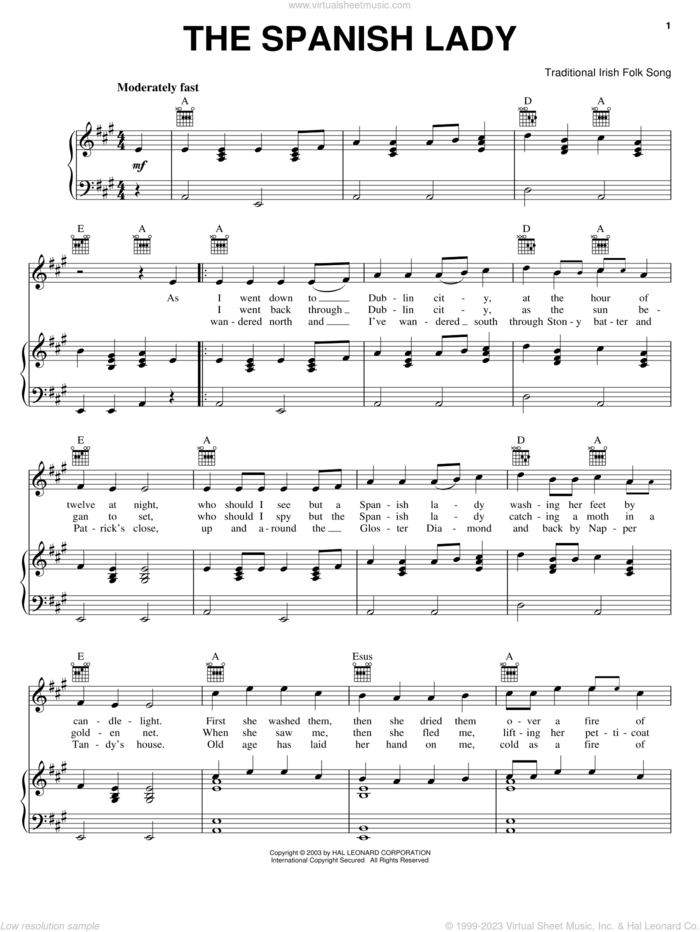 The Spanish Lady sheet music for voice, piano or guitar, intermediate skill level