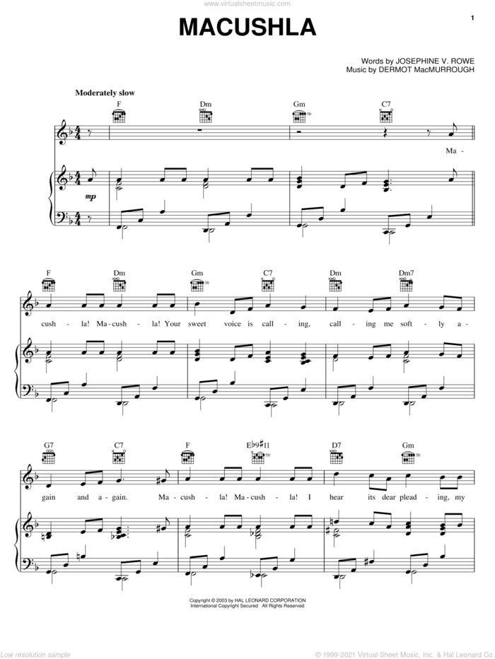 Macushla sheet music for voice, piano or guitar by Josephine V. Rowe and Dermot MacMurrough, intermediate skill level