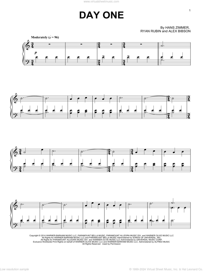 Day One (from Interstellar) sheet music for piano solo by Hans Zimmer, Alex Gibson and Ryan Romeyn Rubin, intermediate skill level