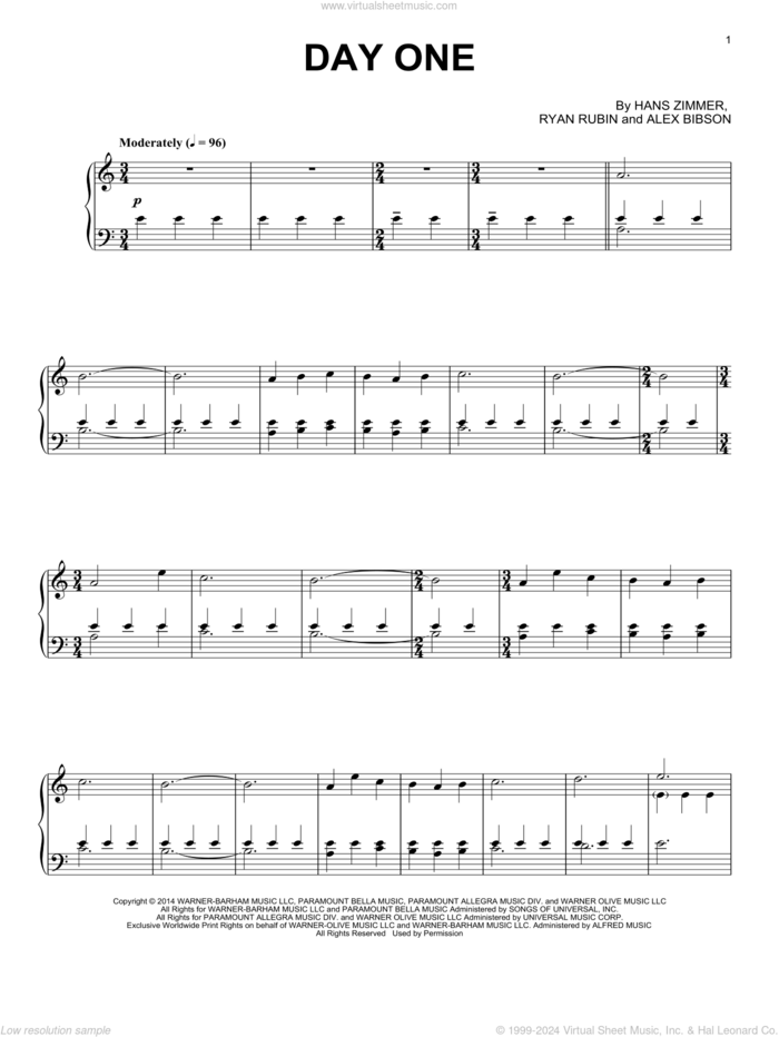 Day One (from Interstellar) sheet music for piano solo by Hans Zimmer, Alex Gibson and Ryan Romeyn Rubin, intermediate skill level