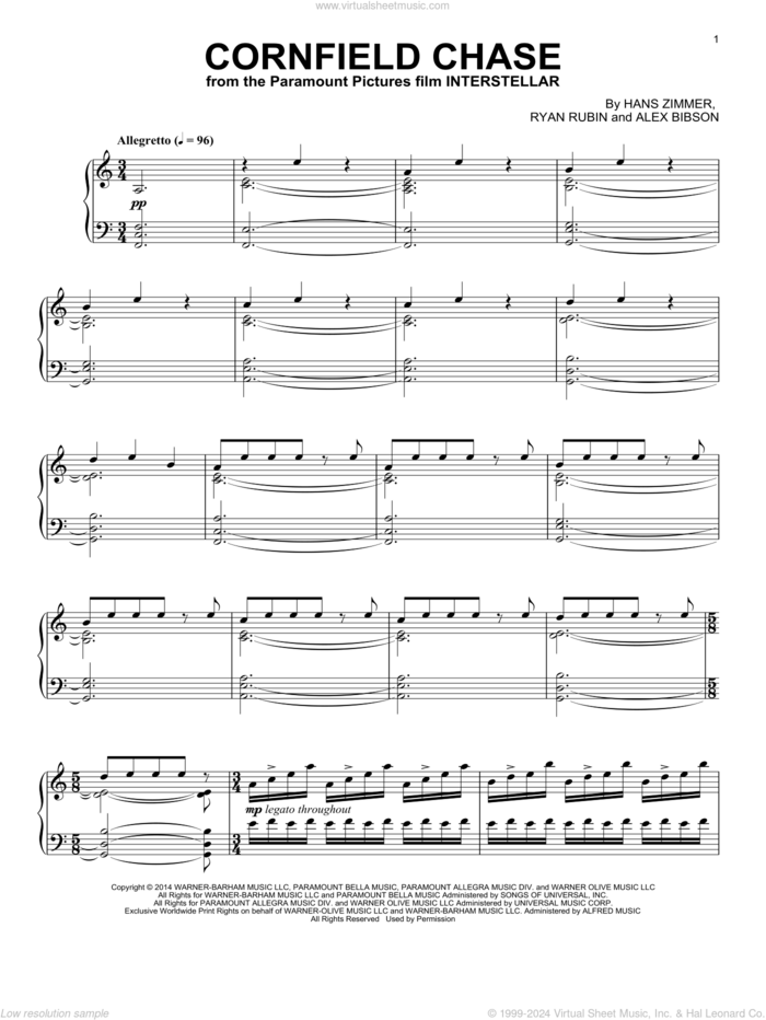 Cornfield Chase (from Interstellar) sheet music for piano solo by Hans Zimmer, Alex Gibson and Ryan Rubin, intermediate skill level