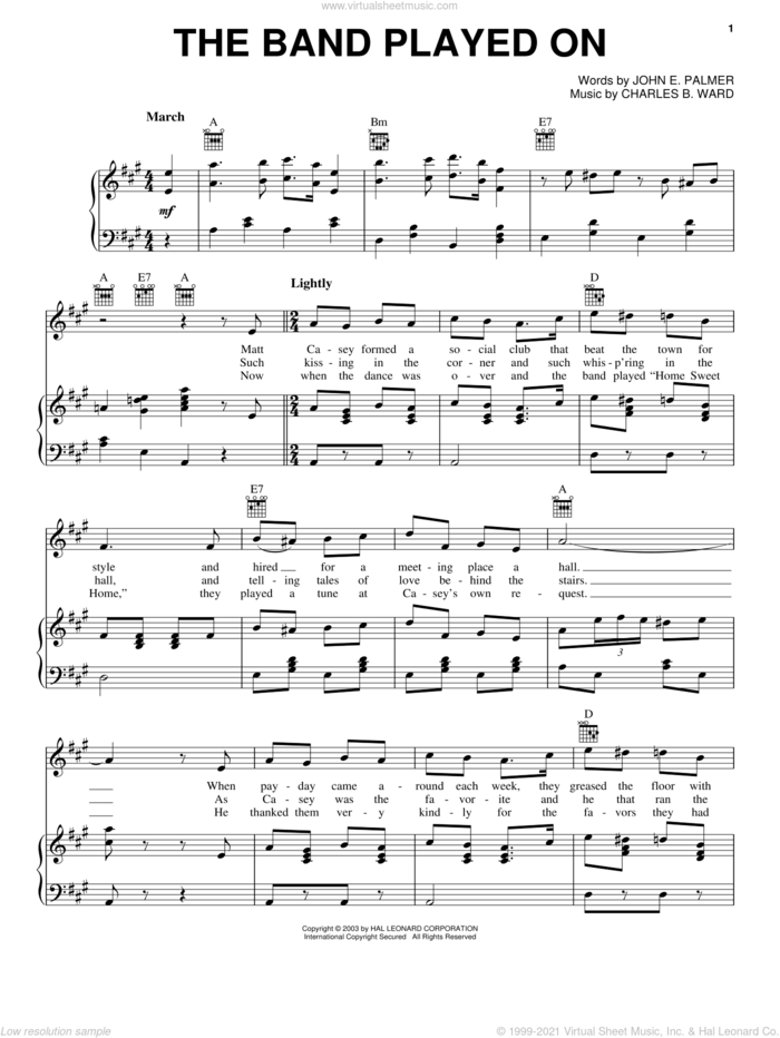 The Band Played On sheet music for voice, piano or guitar by John E. Palmer and Charles B. Ward, intermediate skill level