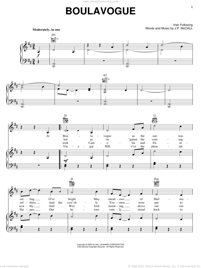 Boulavogue sheet music for voice, piano or guitar  and P.J. McCall, intermediate skill level