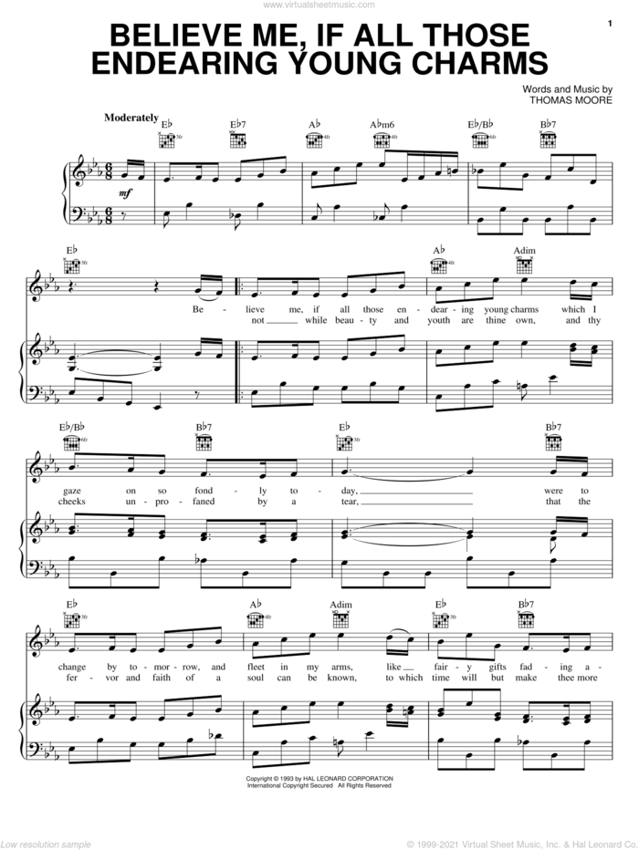 Believe Me, If All Those Endearing Young Charms sheet music for voice, piano or guitar by Thomas Moore, intermediate skill level