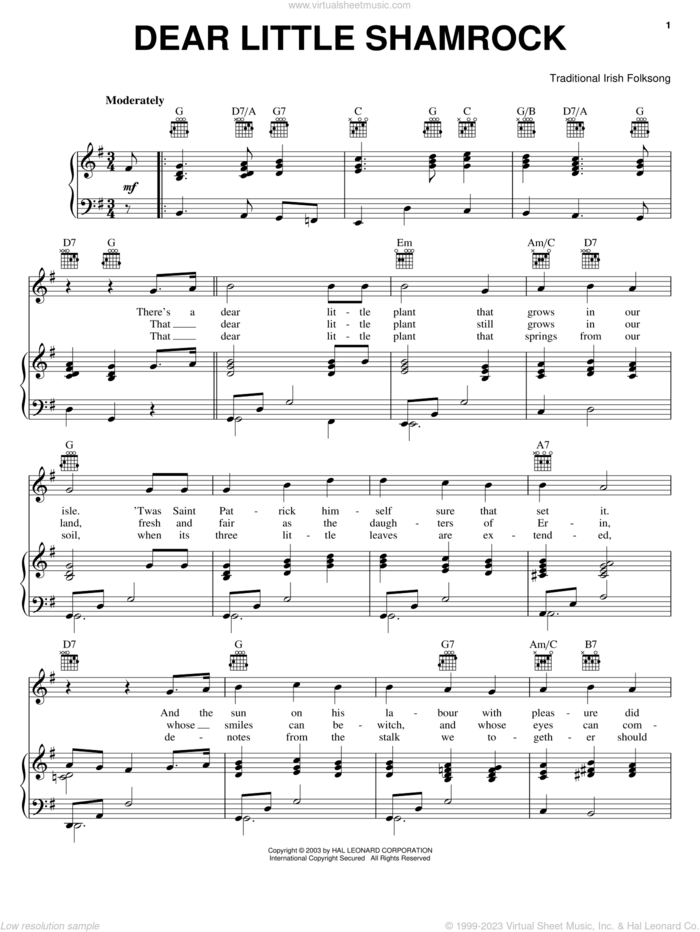 Dear Little Shamrock sheet music for voice, piano or guitar, intermediate skill level