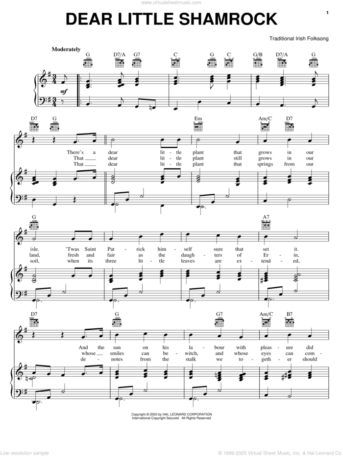 Dear Little Shamrock sheet music for voice, piano or guitar, intermediate skill level