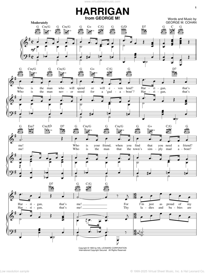 Harrigan sheet music for voice, piano or guitar by George M. Cohan, intermediate skill level