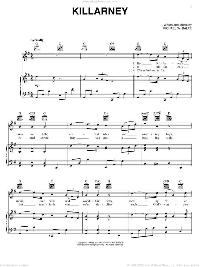 Killarney sheet music for voice, piano or guitar by Michael W. Balfe, intermediate skill level