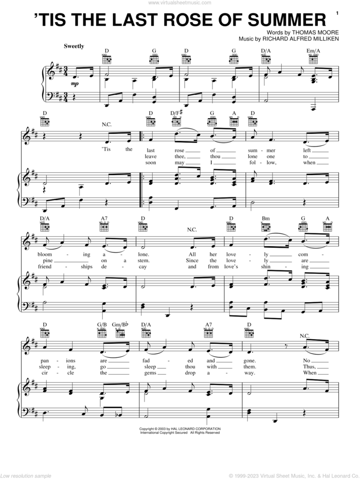 'Tis The Last Rose Of Summer sheet music for voice, piano or guitar by Thomas Moore and Richard Alfred Milliken, intermediate skill level