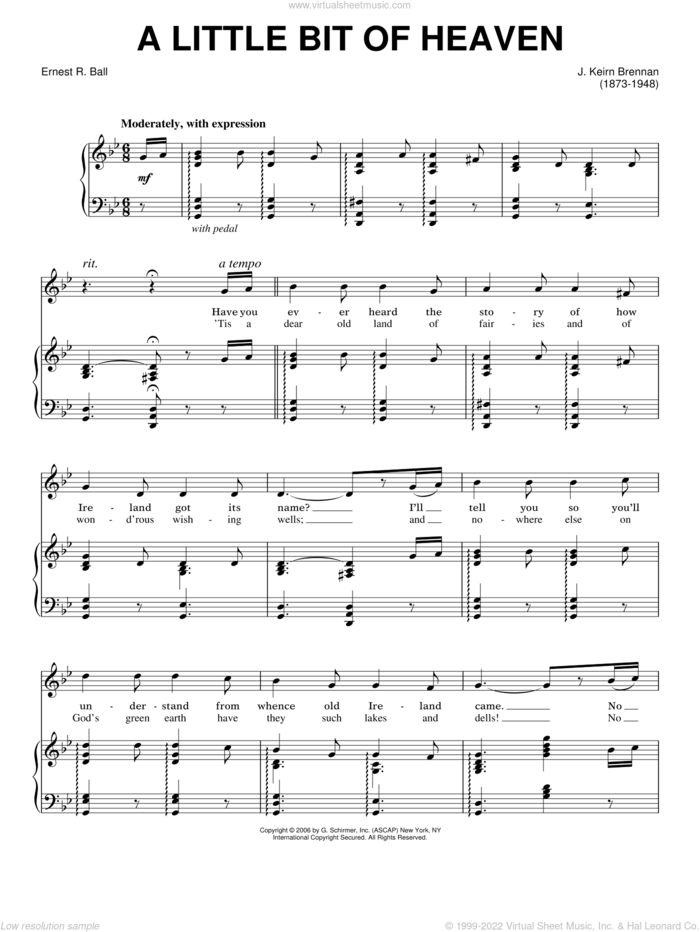 A Little Bit Of Heaven sheet music for voice, piano or guitar by J. Keirn Brenan and Ernest R. Ball, intermediate skill level