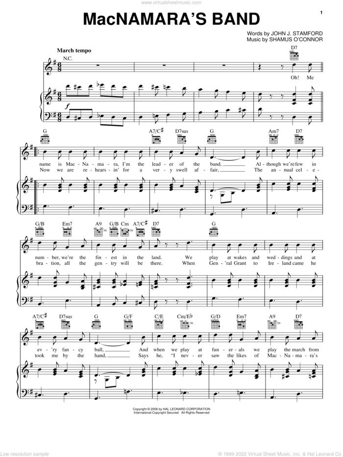 MacNamara's Band sheet music for voice, piano or guitar by Shamus O'Connor and John J. Stamford, intermediate skill level