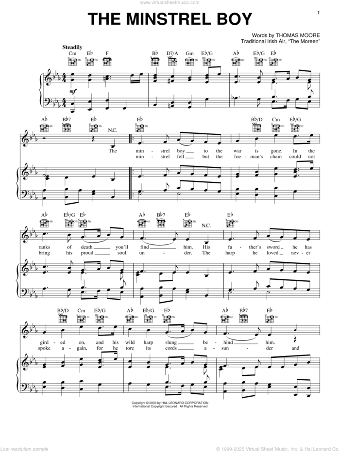 Minstrel Boy sheet music for voice, piano or guitar, intermediate skill level