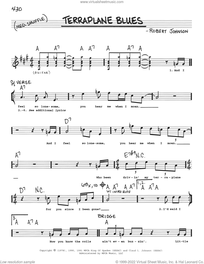 Terraplane Blues sheet music for voice and other instruments (real book with lyrics) by Robert Johnson, intermediate skill level