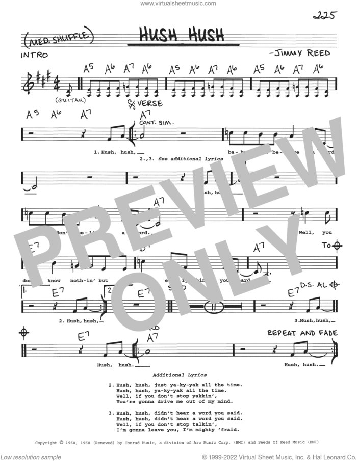 Hush Hush sheet music for voice and other instruments (real book with lyrics) by Jimmy Reed, intermediate skill level