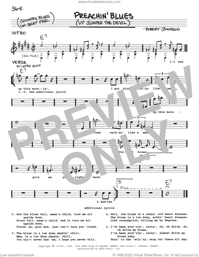 Preachin' Blues (Up Jumped The Devil) sheet music for voice and other instruments (real book with lyrics) by Robert Johnson, intermediate skill level