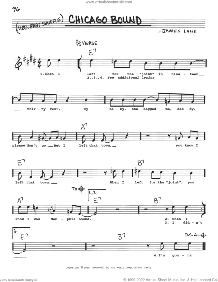 Chicago Bound sheet music for voice and other instruments (real book with lyrics) by James Lane, intermediate skill level