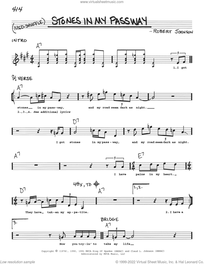 Stones In My Passway sheet music for voice and other instruments (real book with lyrics) by Robert Johnson, intermediate skill level