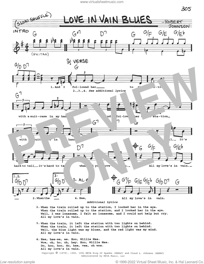 Love In Vain Blues sheet music for voice and other instruments (real book with lyrics) by Robert Johnson, intermediate skill level