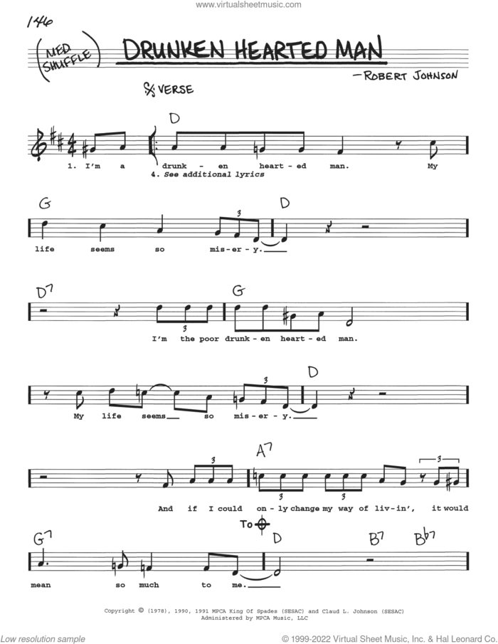 Drunken Hearted Man sheet music for voice and other instruments (real book with lyrics) by Robert Johnson, intermediate skill level