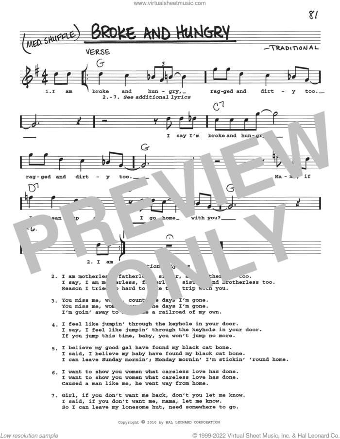 Broke And Hungry sheet music for voice and other instruments (real book with lyrics), intermediate skill level