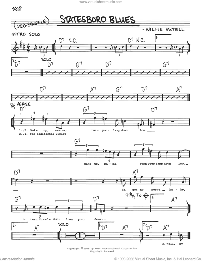 Statesboro Blues sheet music for voice and other instruments (real book with lyrics) by The Allman Brothers Band and Willie McTell, intermediate skill level