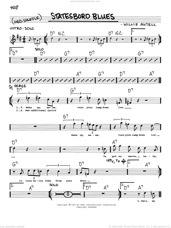 Statesboro Blues sheet music for voice and other instruments (real book with lyrics) by The Allman Brothers Band and Willie McTell, intermediate skill level