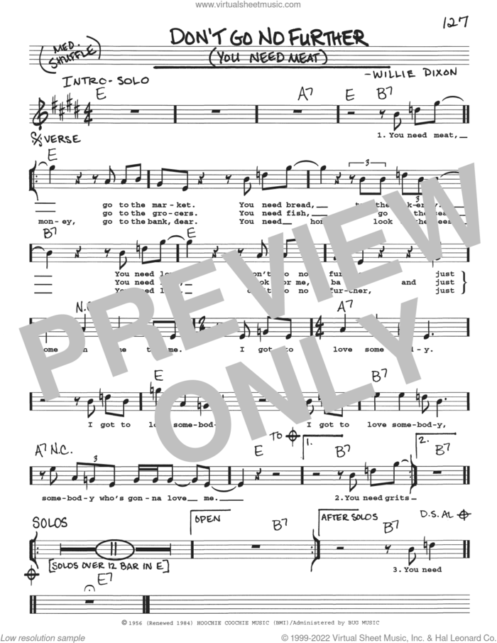 Don't Go No Further (You Need Meat) sheet music for voice and other instruments (real book with lyrics) by Willie Dixon, intermediate skill level