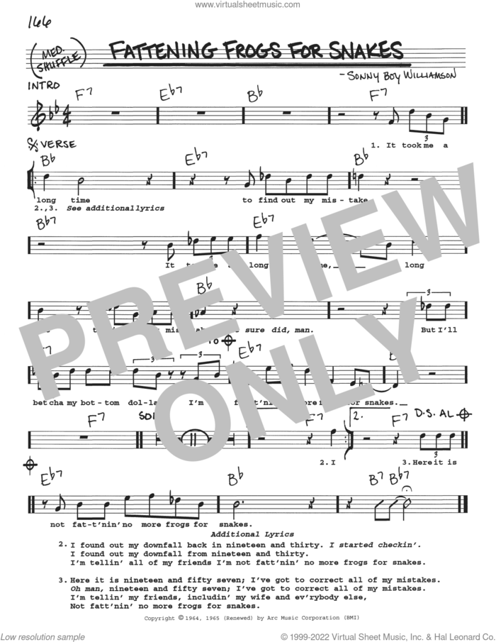 Fattening Frogs For Snakes sheet music for voice and other instruments (real book with lyrics) by Sonny Boy Williamson, intermediate skill level