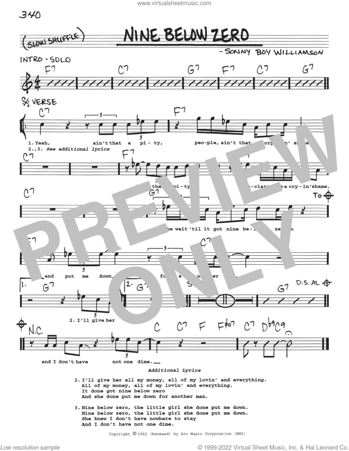 Nine Below Zero sheet music for voice and other instruments (real book with lyrics) by Sonny Boy Williamson, intermediate skill level