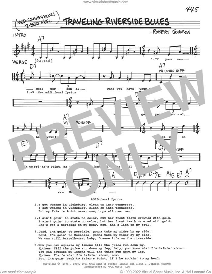 Traveling Riverside Blues sheet music for voice and other instruments (real book with lyrics) by Robert Johnson, intermediate skill level