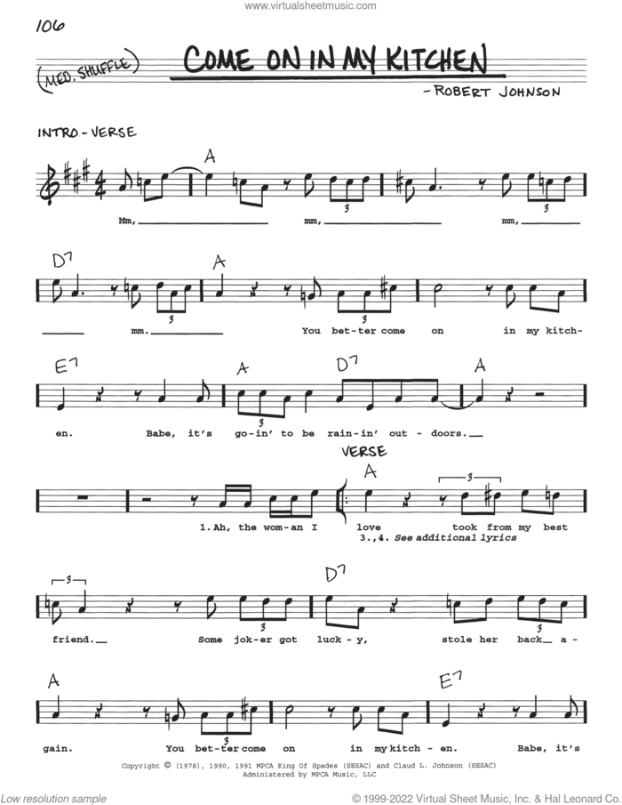 Come On In My Kitchen sheet music for voice and other instruments (real book with lyrics) by Robert Johnson, intermediate skill level