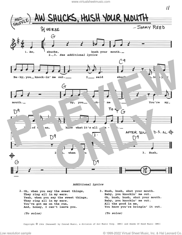 Aw Shucks, Hush Your Mouth sheet music for voice and other instruments (real book with lyrics) by Jimmy Reed, intermediate skill level