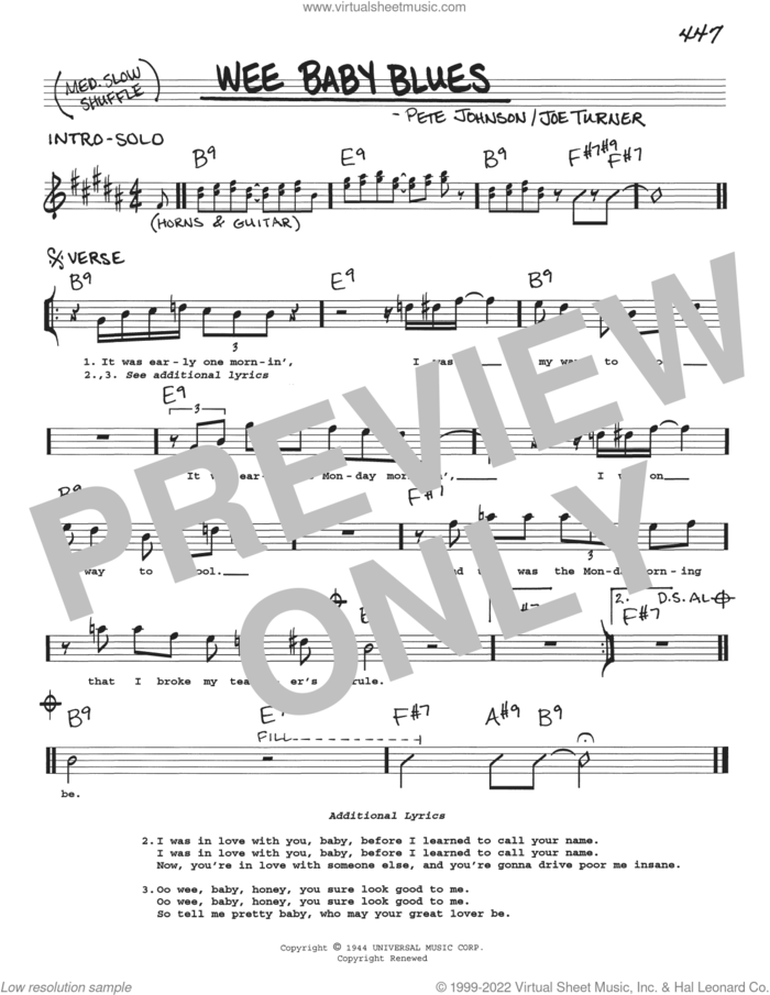 Wee Baby Blues sheet music for voice and other instruments (real book with lyrics) by Pete Johnson and Joe Turner, intermediate skill level