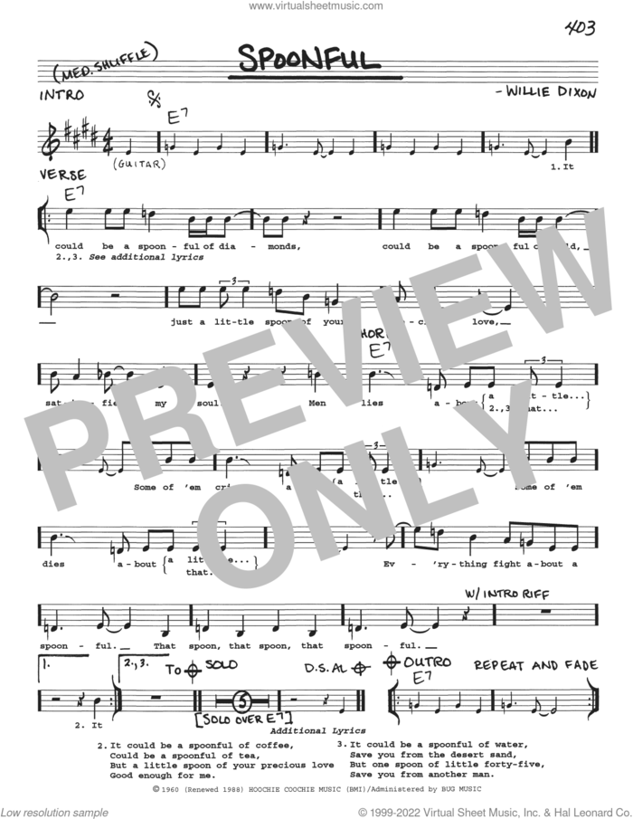 Spoonful sheet music for voice and other instruments (real book with lyrics) by Eric Clapton and Willie Dixon, intermediate skill level